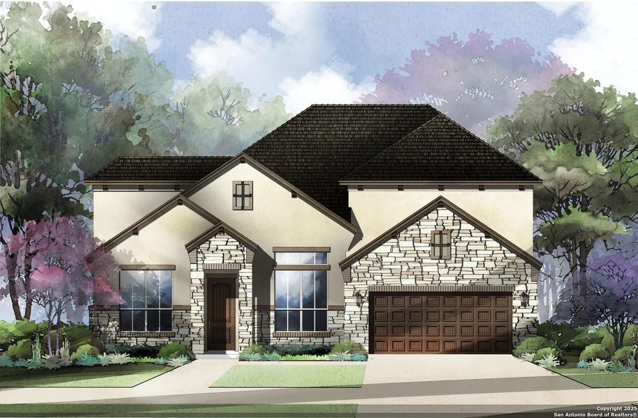 Front exterior of a new home in Legacy at Lake Dunlap, New Braunfels, TX, highlighting curb appeal (Image 14).