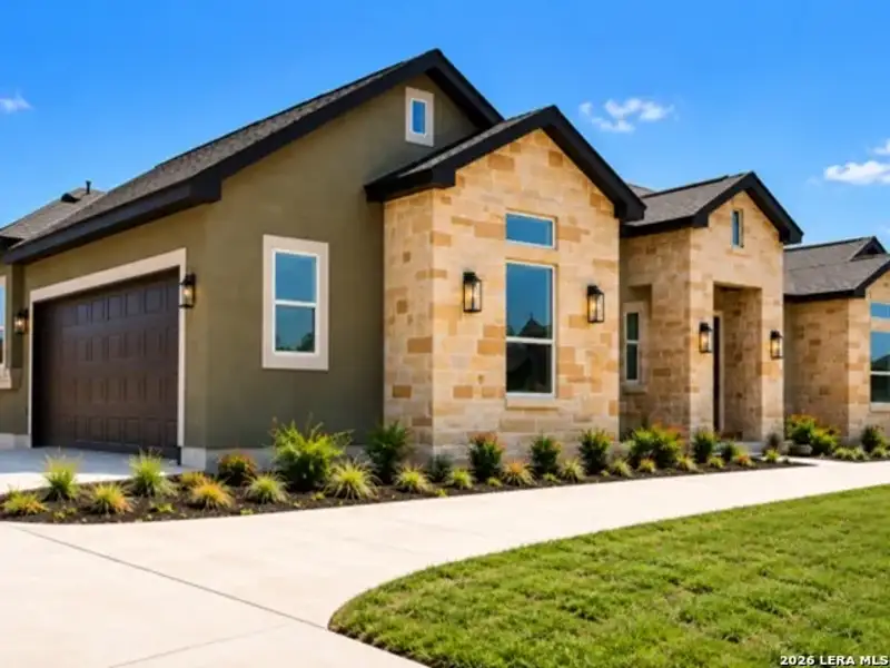 Front exterior of a new home in Alamo Estates, San Antonio, TX, highlighting curb appeal (Image 2). Front exterior of a new home in Alamo Estates, San Antonio, TX, highlighting curb appeal (Image 2).