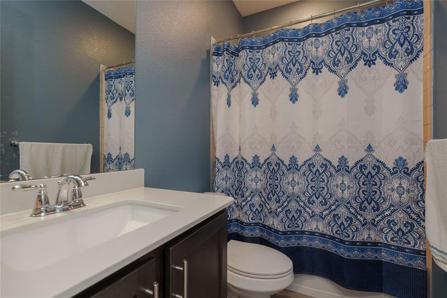 Bathroom featuring vanity, toilet, and walk in shower