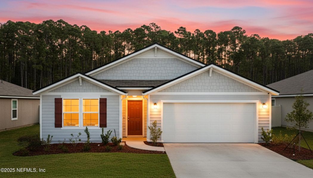 Front exterior of a new home in River Glen Express, Yulee, FL, highlighting curb appeal (Image 22).