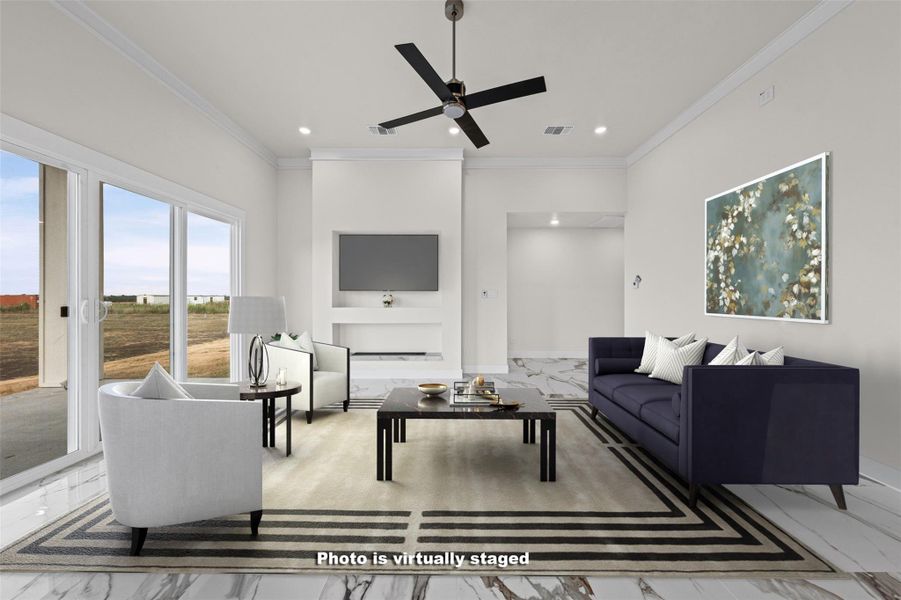 Polished tile flooring and crown molding highlight this welcoming living space.