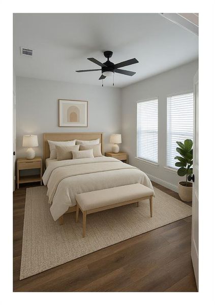 Bedroom featuring dark wood-style flooring and ceiling fan