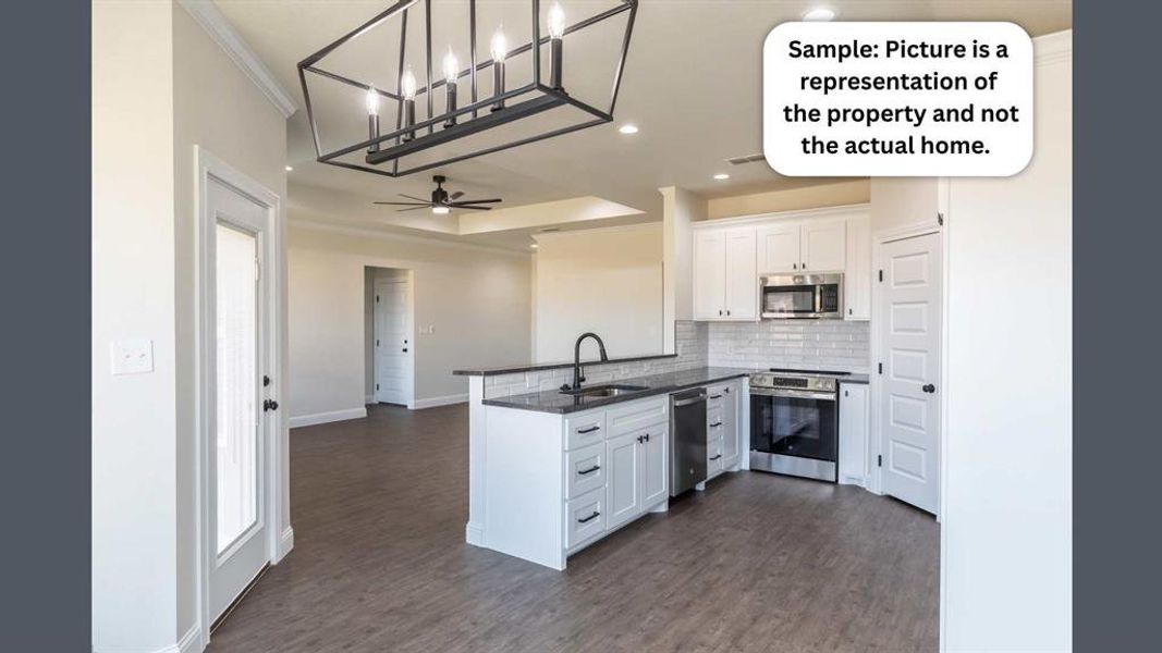 Kitchen featuring white cabinets, stainless steel appliances, a peninsula, dark wood-style floors, and ceiling fan