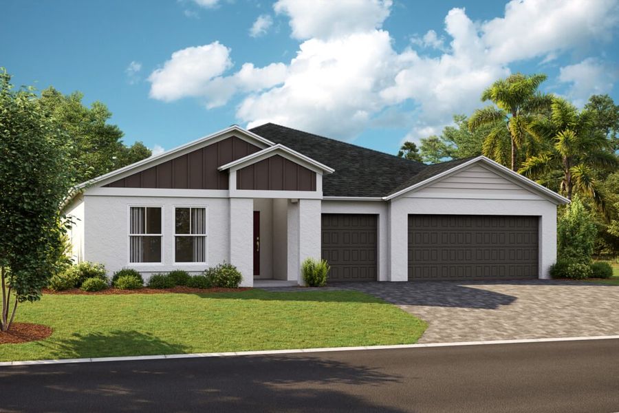 Representative exterior photo of a completed home built from the Palmetto by Casa Fresca Homes in Cherrywood Preserve, Ocala, FL (Image 8). Representative exterior photo of a completed home built from the Palmetto by Casa Fresca Homes in Cherrywood Preserve, Ocala, FL (Image 8).