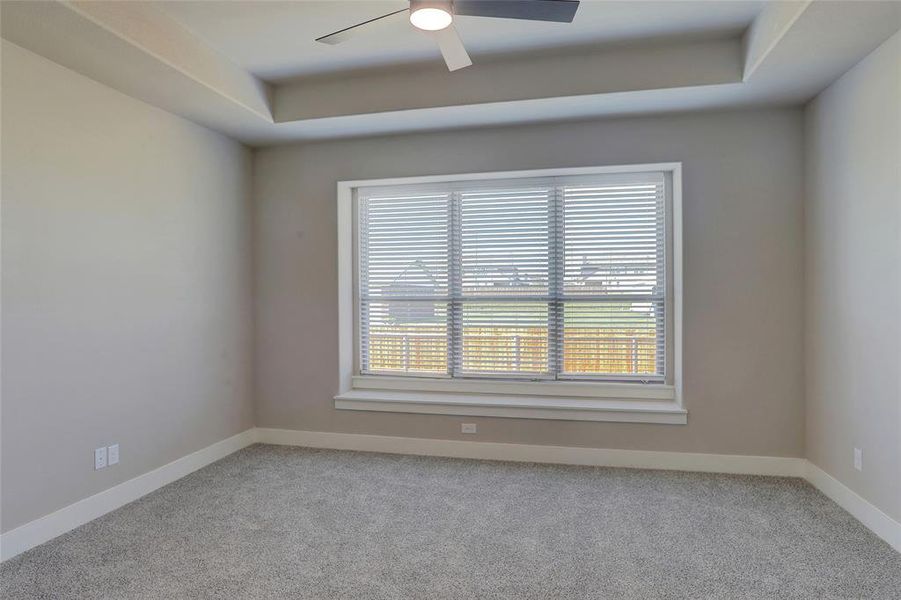 Spare room featuring light carpet, ceiling fan, and a raised ceiling Spare room featuring light carpet, ceiling fan, and a raised ceiling