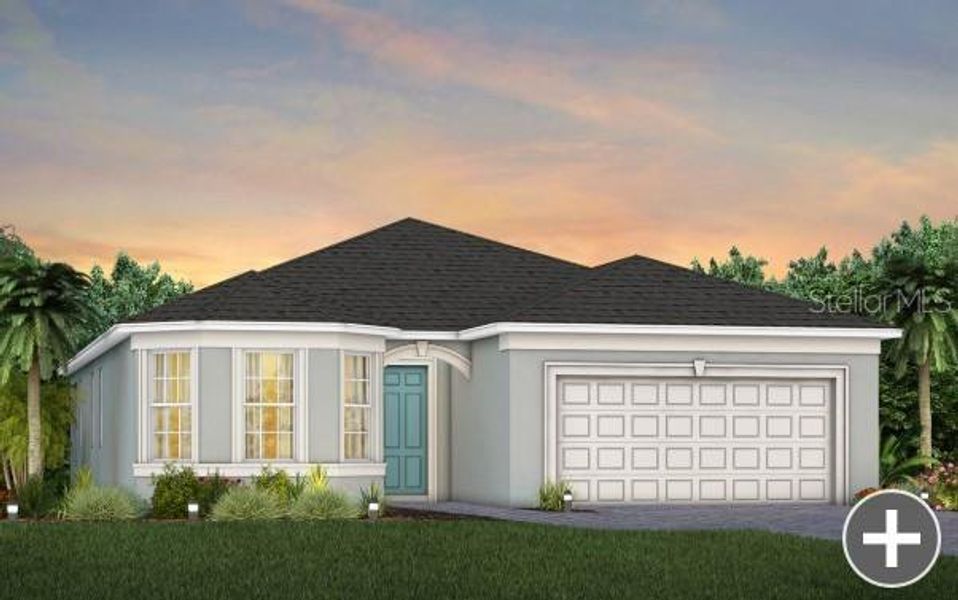 Front exterior of a new home in Del Webb Twin Lakes, St. Cloud, FL, highlighting curb appeal (Image 1).