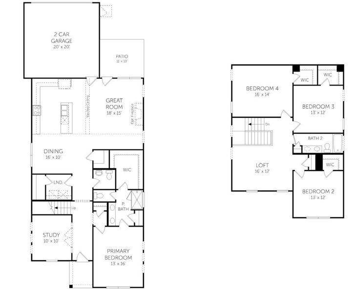2D floor plan layout for the Dawson - Cottage Series by Dream Finders Homes in The Settlement, Simpsonville, SC (Image 3).