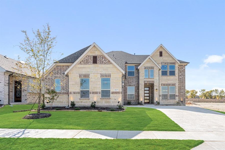 Front exterior of a new home in Meadow Vista 60-65, Anna, TX, highlighting curb appeal (Image 2). Front exterior of a new home in Meadow Vista 60-65, Anna, TX, highlighting curb appeal (Image 2).