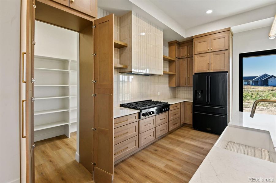 Pantry is hidden behind cabinetry