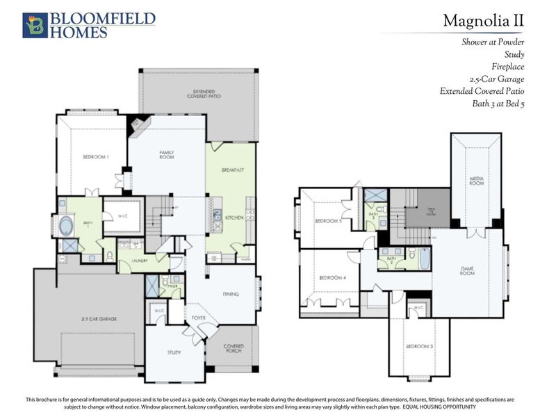 Bloomfield Homes Magnolia II two-story floor plan with 5 bedrooms, game room, study, and 2.5-car garage. Bloomfield Homes Magnolia II two-story floor plan with 5 bedrooms, game room, study, and 2.5-car garage.