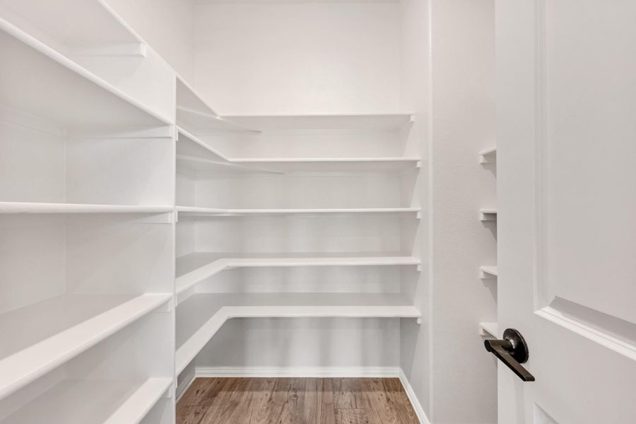 Walk-in pantry with white built-in shelves on three walls and wood-look flooring Walk-in pantry with white built-in shelves on three walls and wood-look flooring