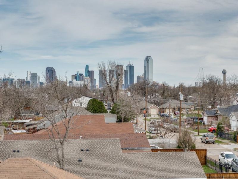 Rooftop with skyline views.