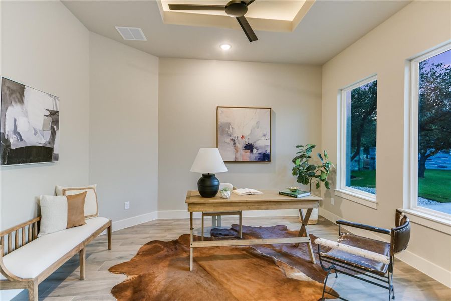 Home office with ceiling fan, and recessed lighting Home office with ceiling fan, and recessed lighting