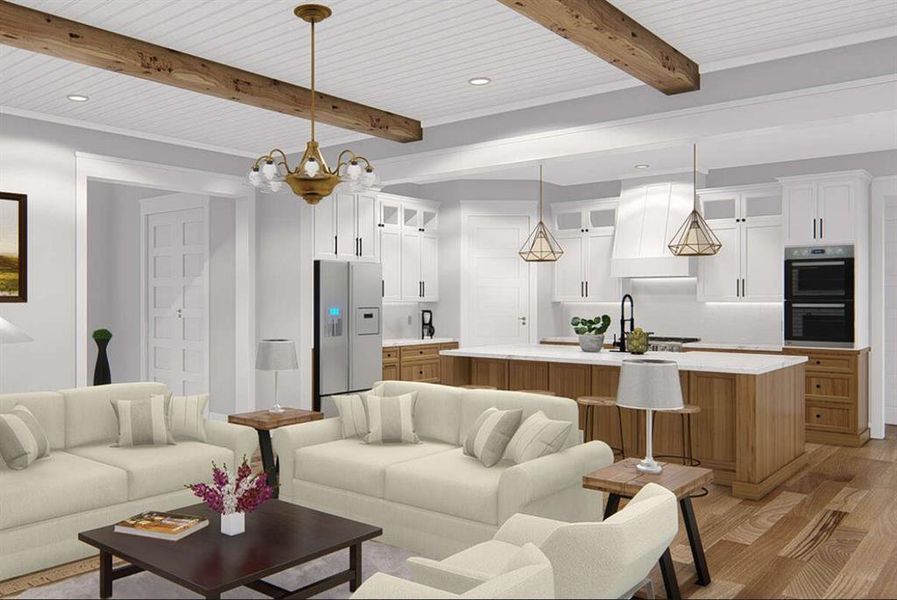 Living area with light wood-style floors, recessed lighting, a chandelier, and beamed ceiling