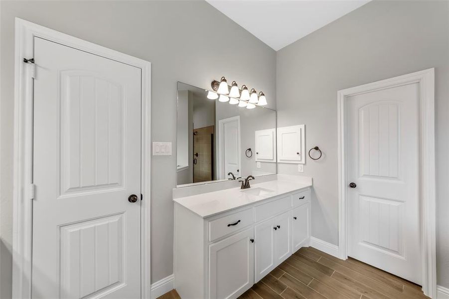 Bathroom featuring vanity and walk in shower