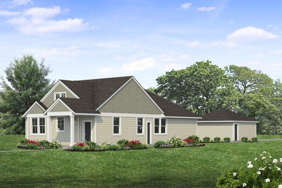 Rendering of one story two-toned green home with black door and detached garage with sky and landscaping Rendering of one story two-toned green home with black door and detached garage with sky and landscaping