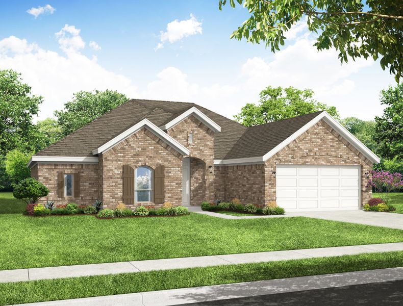 Representative exterior photo of a completed home built from the Alderbury by Impression Homes in Timberbrook, Justin, TX (Image 6). Representative exterior photo of a completed home built from the Alderbury by Impression Homes in Timberbrook, Justin, TX (Image 6).