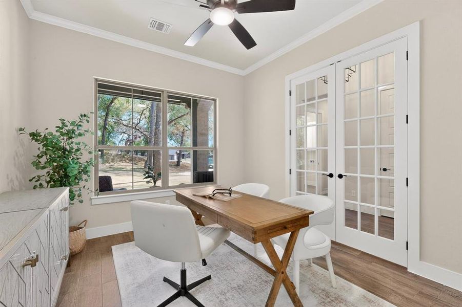 Room with wood-finish flooring, a ceiling fan, and white crown molding
