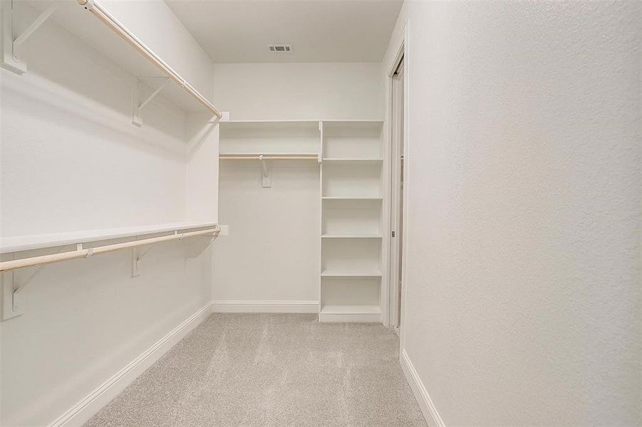 Walk in closet with light colored carpet