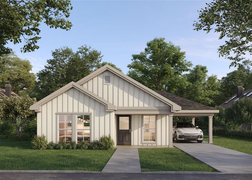 View of front of property with a front lawn and a carport