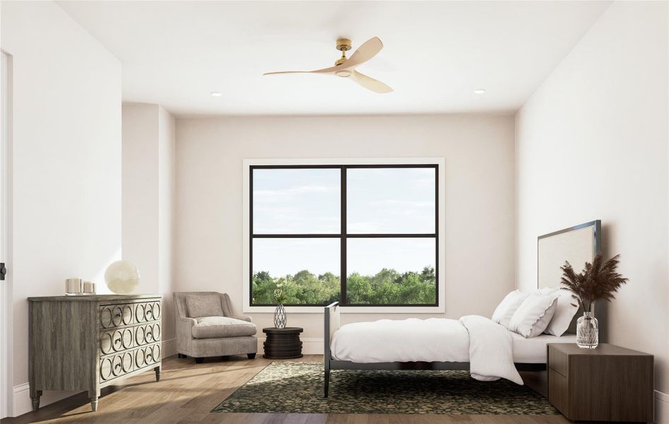 A welcoming secondary bedroom  with soft, natural hues and ample window light. The airy vibe is complemented by neutral fabrics, gentle curves in the furniture, and a modern ceiling fan. The layout allows for versatile arrangements tailored to personal style.