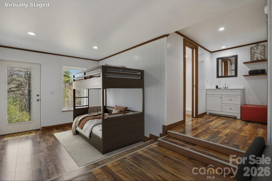 The bunk room showing placement of bunk beds that are currently being built.