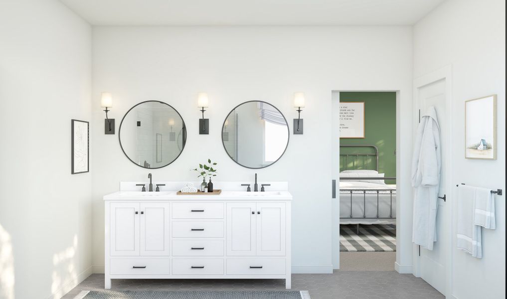 Primary bath with dual sinks and matte black fixtures