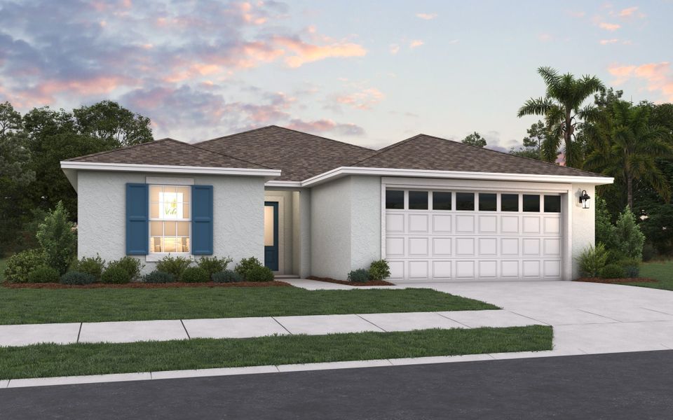 Front exterior of a new home in Reserve at Hammock Oaks, Lady Lake, FL, highlighting curb appeal (Image 1). Front exterior of a new home in Reserve at Hammock Oaks, Lady Lake, FL, highlighting curb appeal (Image 1).