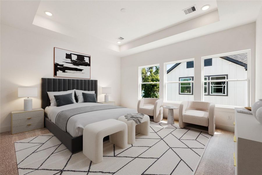 Relax and unwind after a long day in this impressive primary suite! This generously sized room offers plush carpeting, warm-toned paint, high ceilings with recessed lighting, and a wall of large windows allowing in the natural light to brighten this gorgeous room. *Virtually Staged