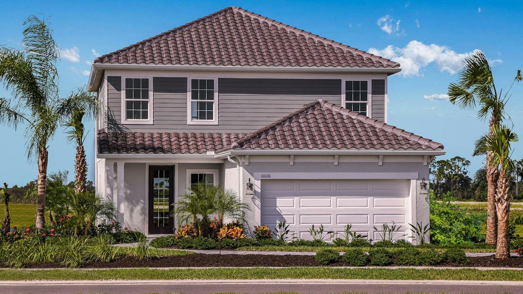 Front exterior of a new home in Grand Park Real Estate and Homes for Sale in Sarasota, FL - Neal Communities, Sarasota, FL, highlighting curb appeal (Image 25).