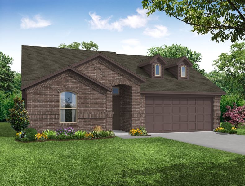 Representative exterior photo of a completed home built from the Atlanta by Impression Homes in Keeneland, Aubrey, TX (Image 7). Representative exterior photo of a completed home built from the Atlanta by Impression Homes in Keeneland, Aubrey, TX (Image 7).