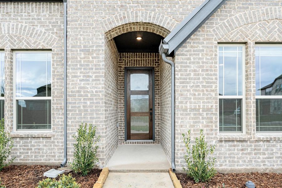 Front entry with arched brick surround, dark wood glass-panel door, and small shrubs on each side