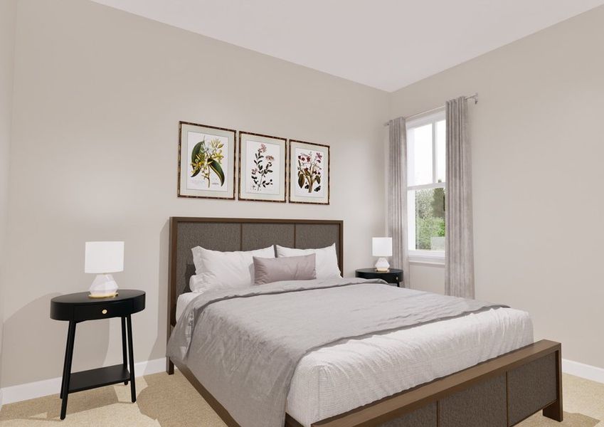 A minimalist bedroom with a gray bed, flanked by black nightstands, topped with white lamps. Three botanical prints hang above, and a window with sheer curtains lets in natural light.