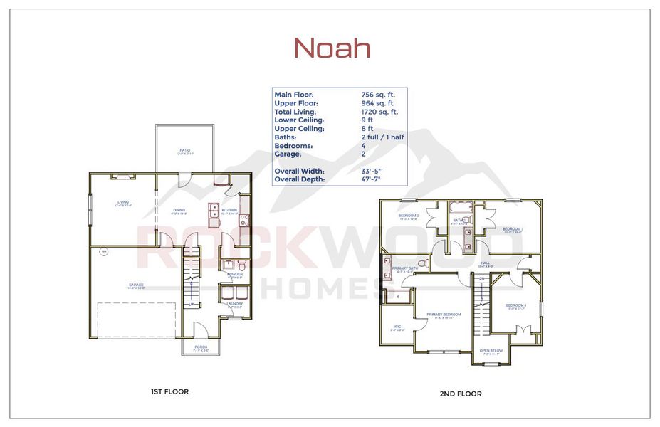 2D floor plan layout for the Noah by Rockwood Homes in Garrettsburg Meadows, Clarksville, TN (Image 5).