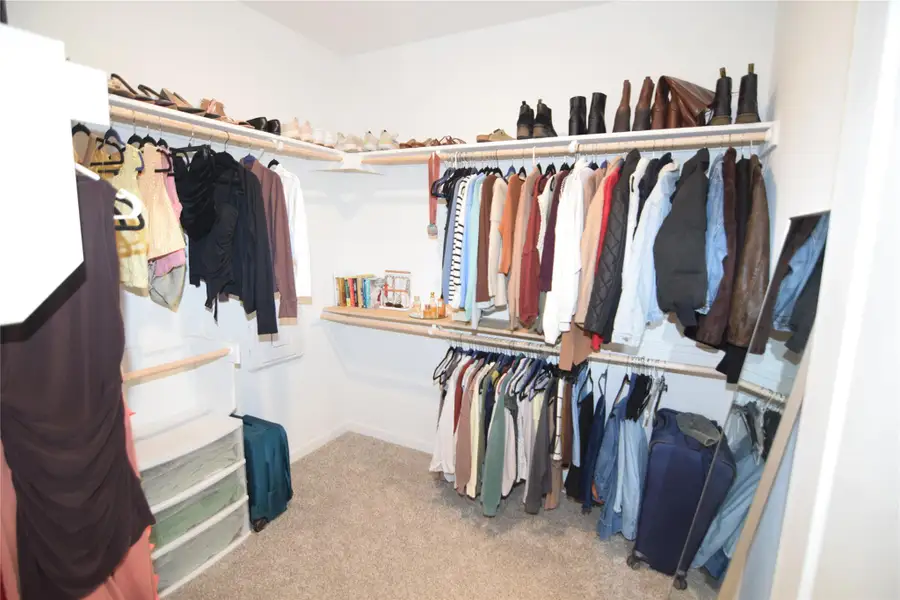 A spacious walk-in closet includes built-in shelving, hanging rods, and carpet flooring.