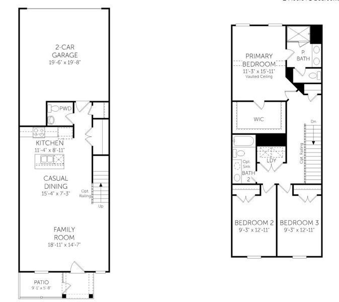 2D floor plan layout for the Foxmore - Townhomes by Dream Finders Homes in The Settlement, Simpsonville, SC (Image 3).