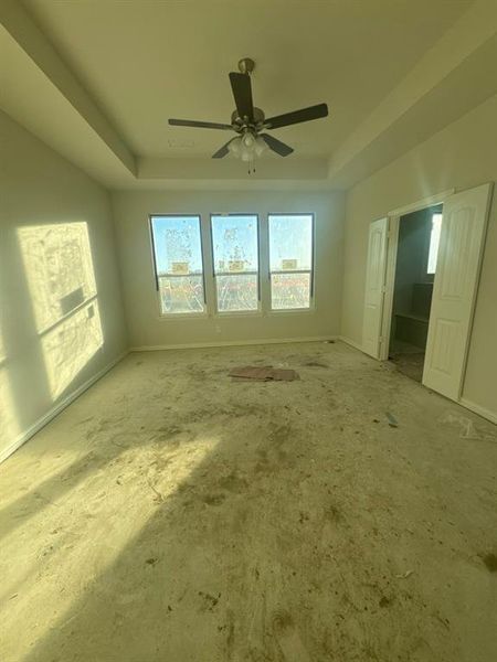 Unfurnished room featuring a tray ceiling, a ceiling fan, and healthy amount of natural light