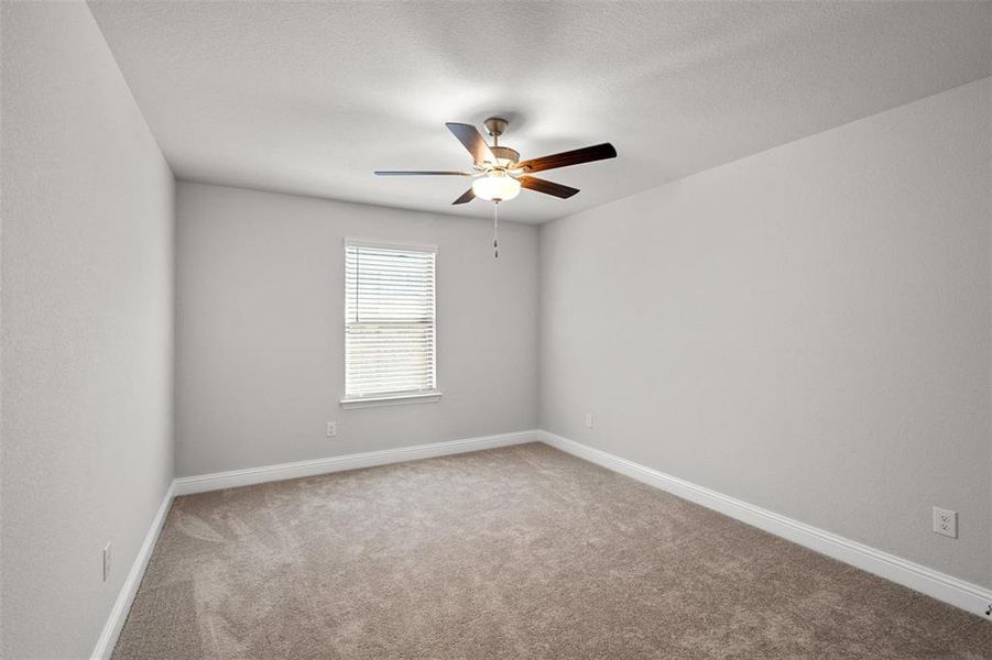 Carpeted spare room with ceiling fan and a textured ceiling