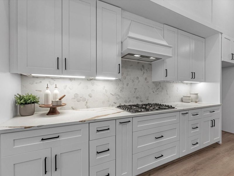 Dual spice drawers enclose the gas cooktop and under cabinet lighting Dual spice drawers enclose the gas cooktop and under cabinet lighting