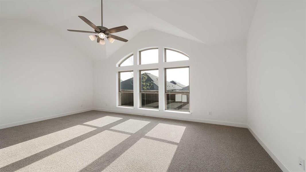 Unfurnished room with carpet, high vaulted ceiling, and ceiling fan