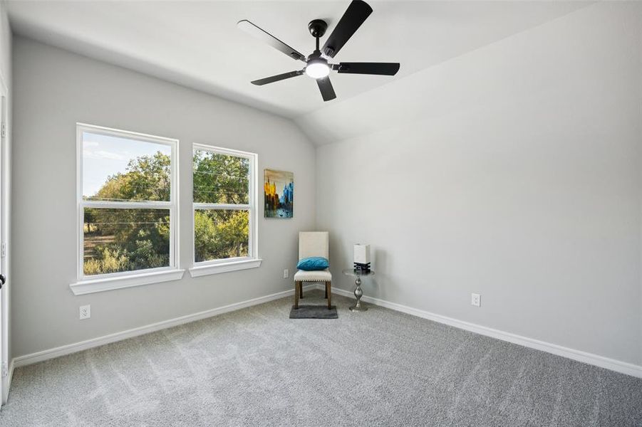 Unfurnished room featuring carpet, vaulted ceiling, and a ceiling fan