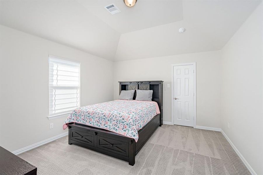 Carpeted bedroom with lofted ceiling