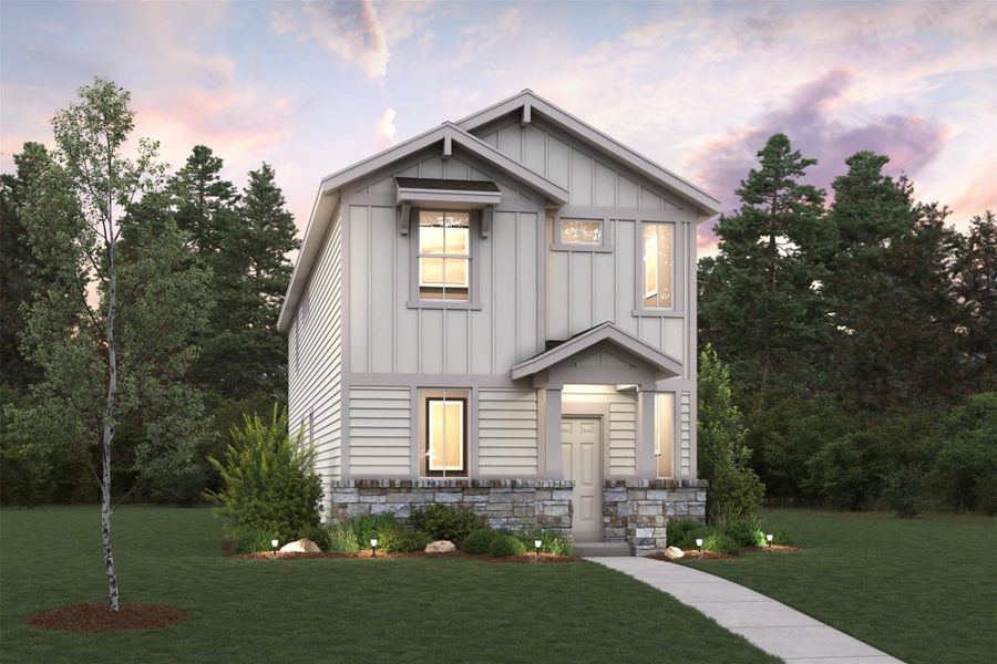 Front exterior of a new home in The Hollows at Avery Centre, Round Rock, TX, highlighting curb appeal (Image 2).