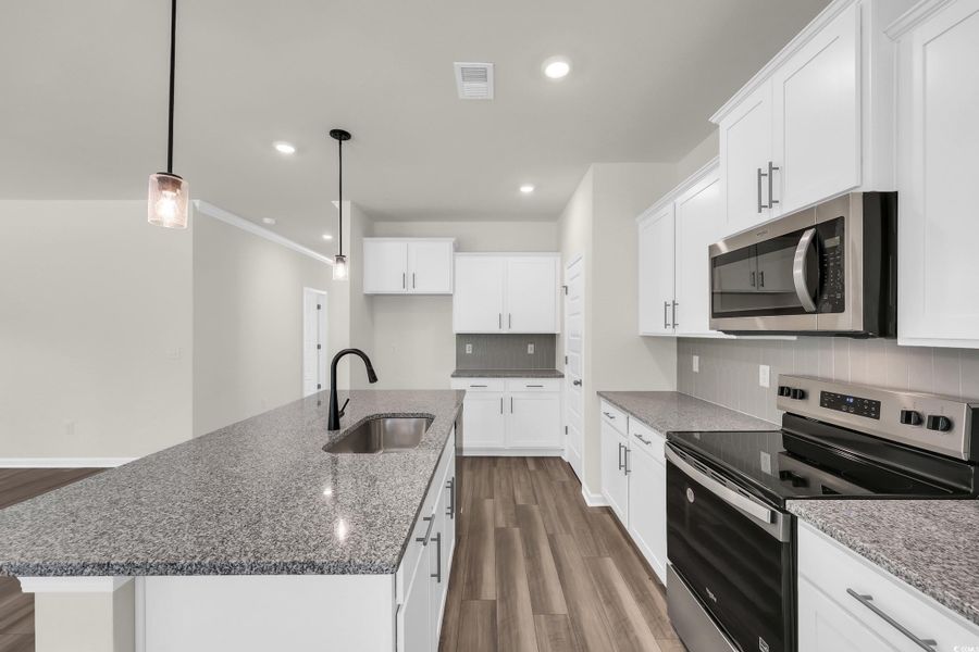 Kitchen with appliances with stainless steel finishes, dark wood-type flooring, decorative backsplash, dark stone counters, and white cabinetry
