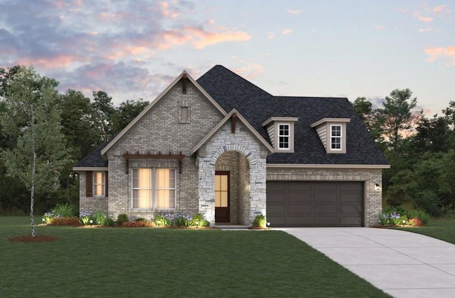 Front exterior of a new home in Ellwood: Prestige Collection, Iowa Colony, TX, highlighting curb appeal (Image 1).