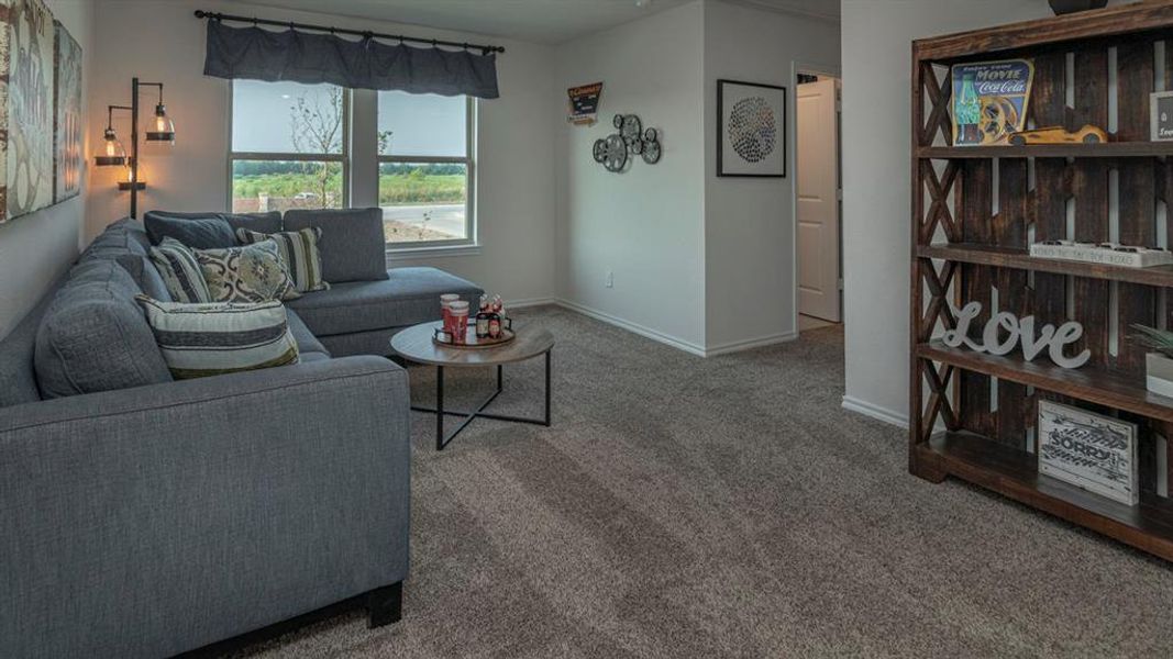 Carpeted living area featuring a large window, a built-in wall sconce, and a wood-finish bookshelf