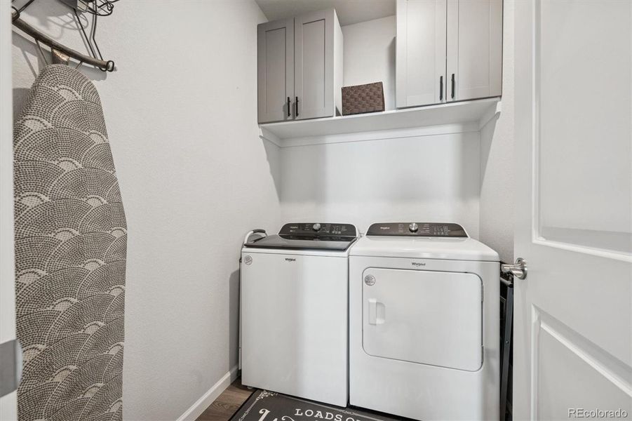 Convenient 2nd level laundry room, built-in cabinets plus full wall of shelves behind the door Convenient 2nd level laundry room, built-in cabinets plus full wall of shelves behind the door