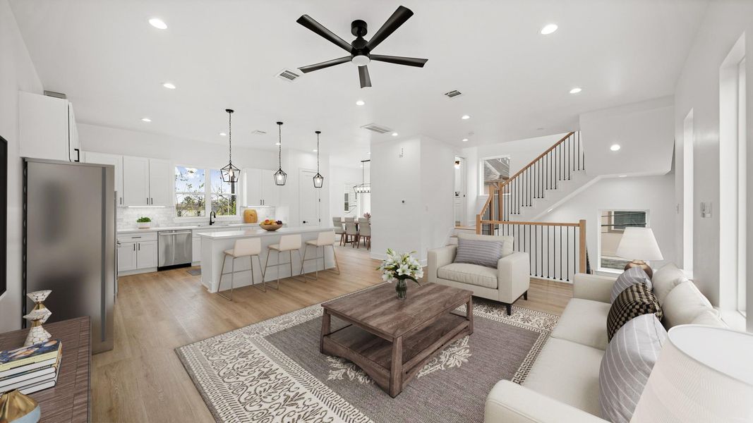 Virtually Staged: Fantastic open layout between the living, kitchen, and dining spaces.