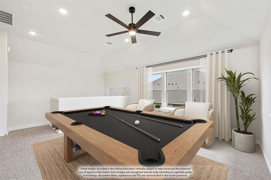 Game room with pool table, ceiling fan, carpet flooring, and large window with natural light