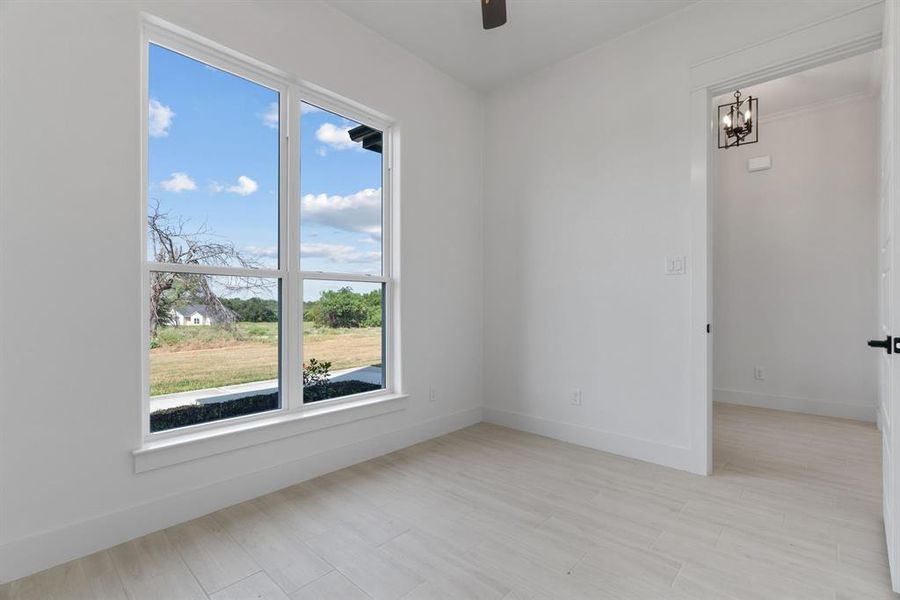 Empty room featuring a ceiling fan and light wood-style floors